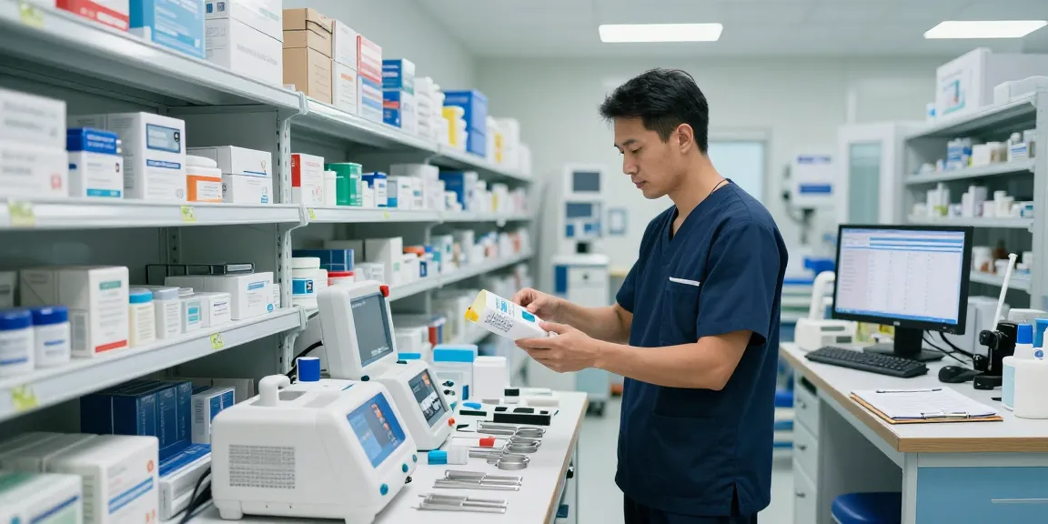 Medical equipment suppliers organizing a professional medical supply warehouse.