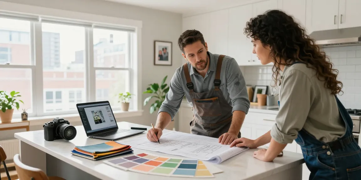 General contractor Toronto discussing home renovation plans in a bright kitchen with blueprints and materials