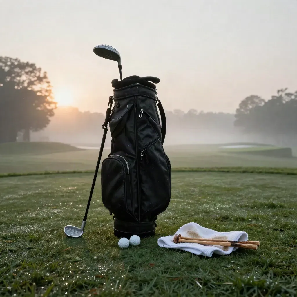 Black golf bag and clubs on a misty dawn tee box with dew and fairway light