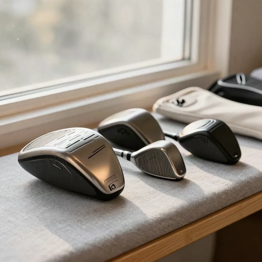 Golf driver, two heads and headcover on a bright pro-shop bench by window light