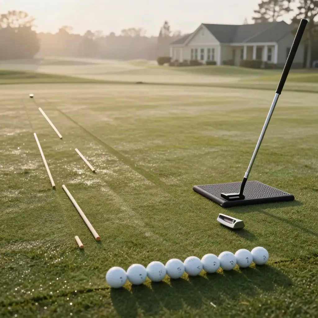 Beginner putting setup on a dewy practice green with alignment sticks, foam pad, putter and golf balls.