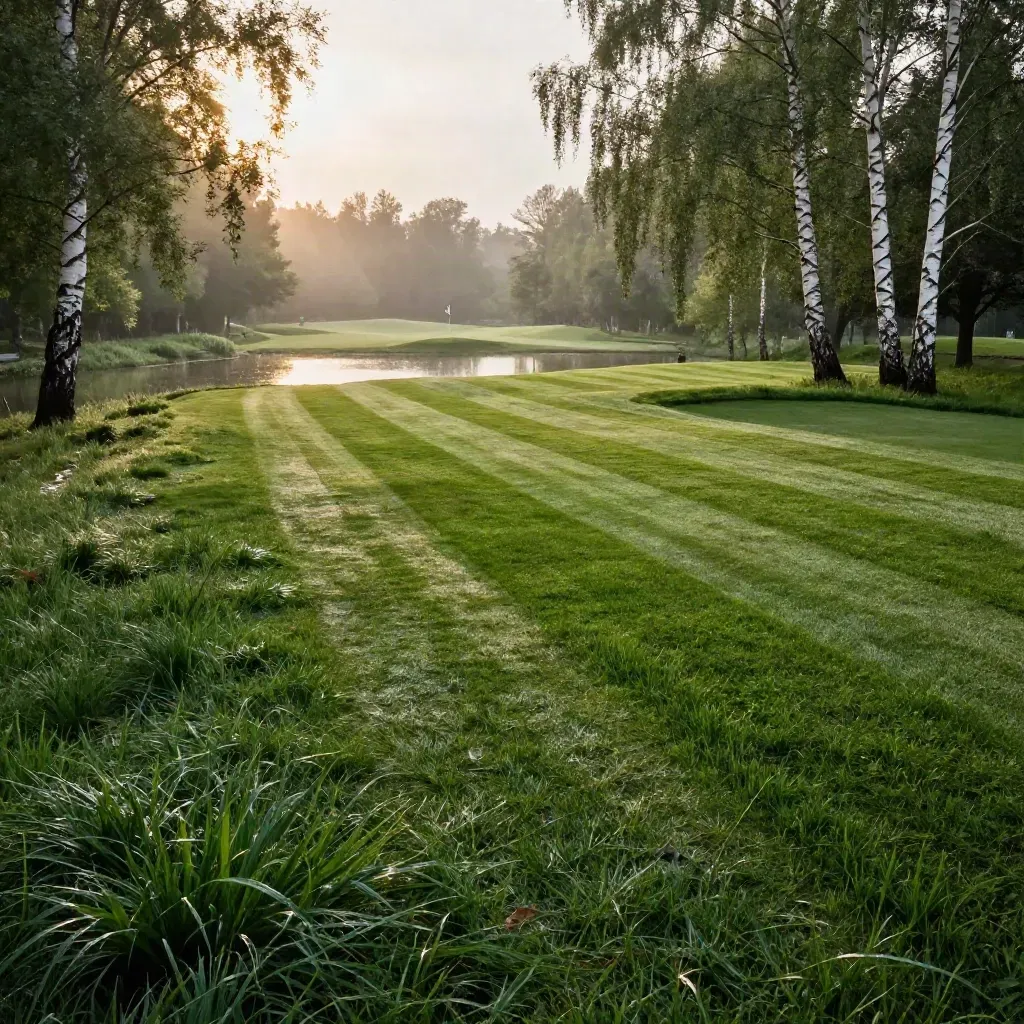 Post-rain golf fairway with birch trees, pond, and a sunlit flag