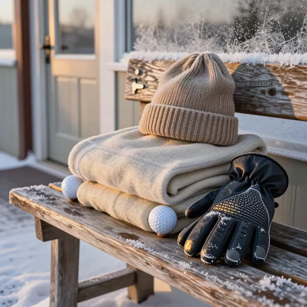 Frosted golf gear on a bench by a clubhouse door, ready for a cold round.