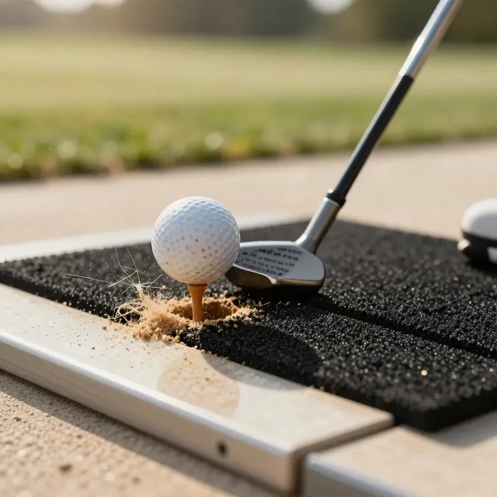 Golf ball leaving an impact mat beside a split tee and alignment stick