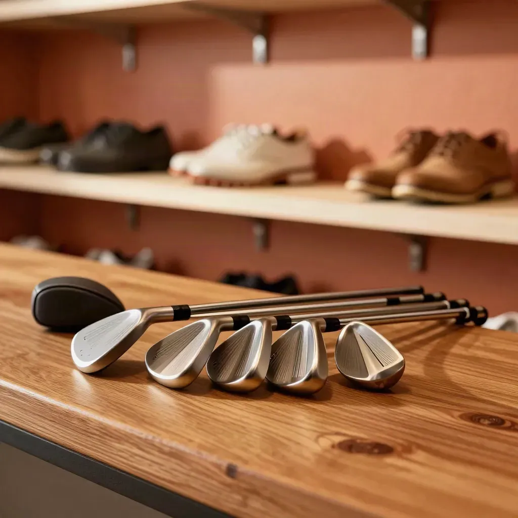 Three golf clubs on a shop bench with headcovers and a blurred shoe shelf behind.
