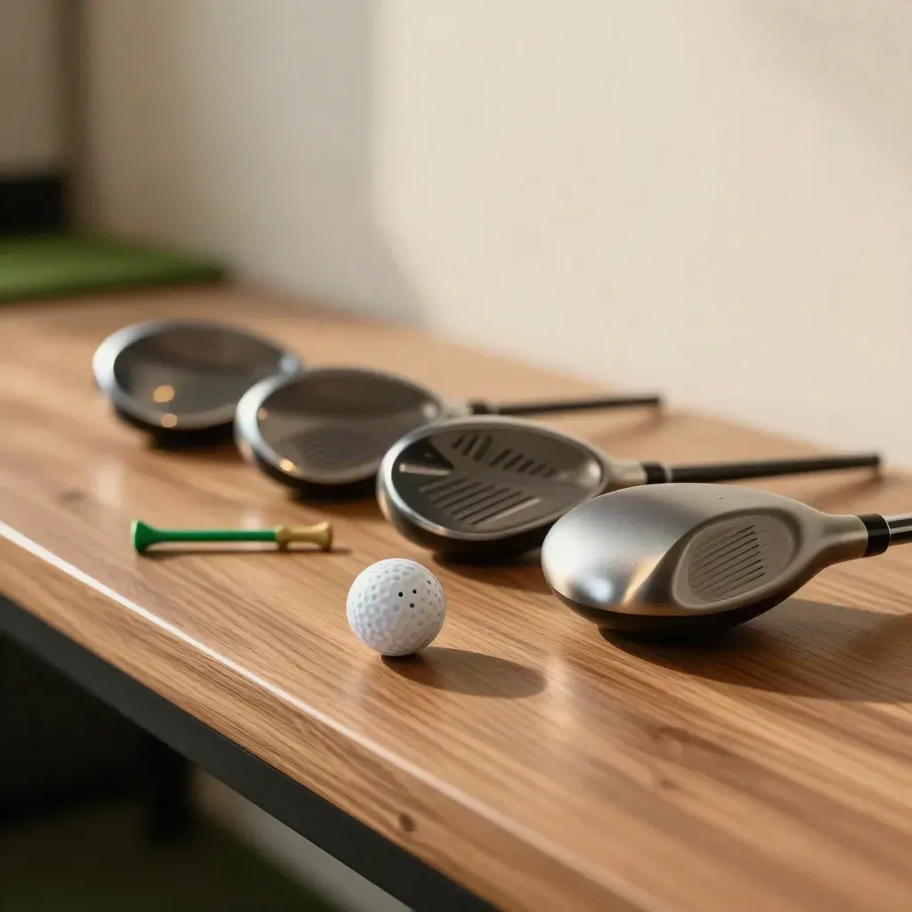 Driver heads lined on a practice bench, one ball and tee, with a green accent in soft side light