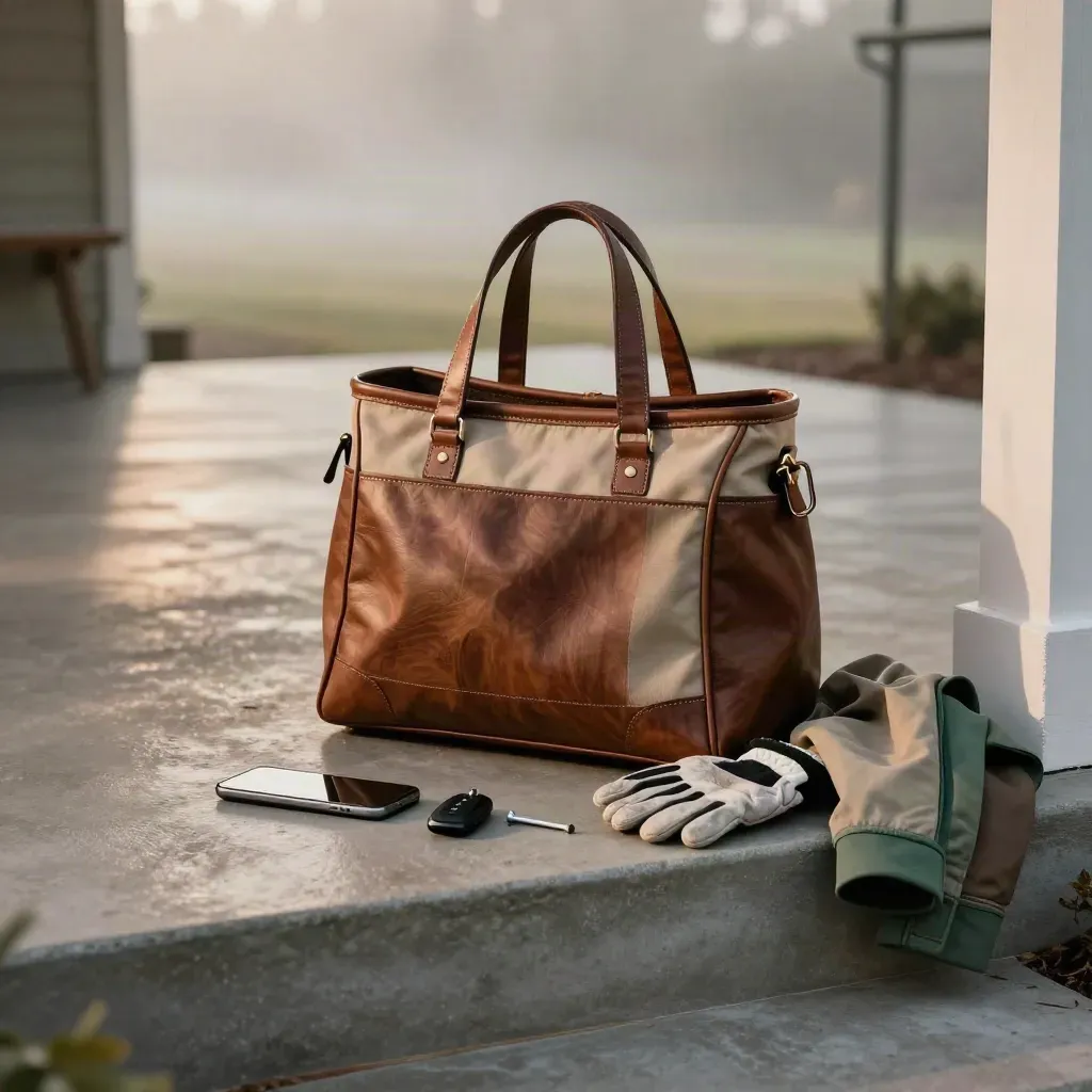 Golf tote by a porch step with keys, coffee lid, tee, glove, and windbreaker in cool dawn mist.
