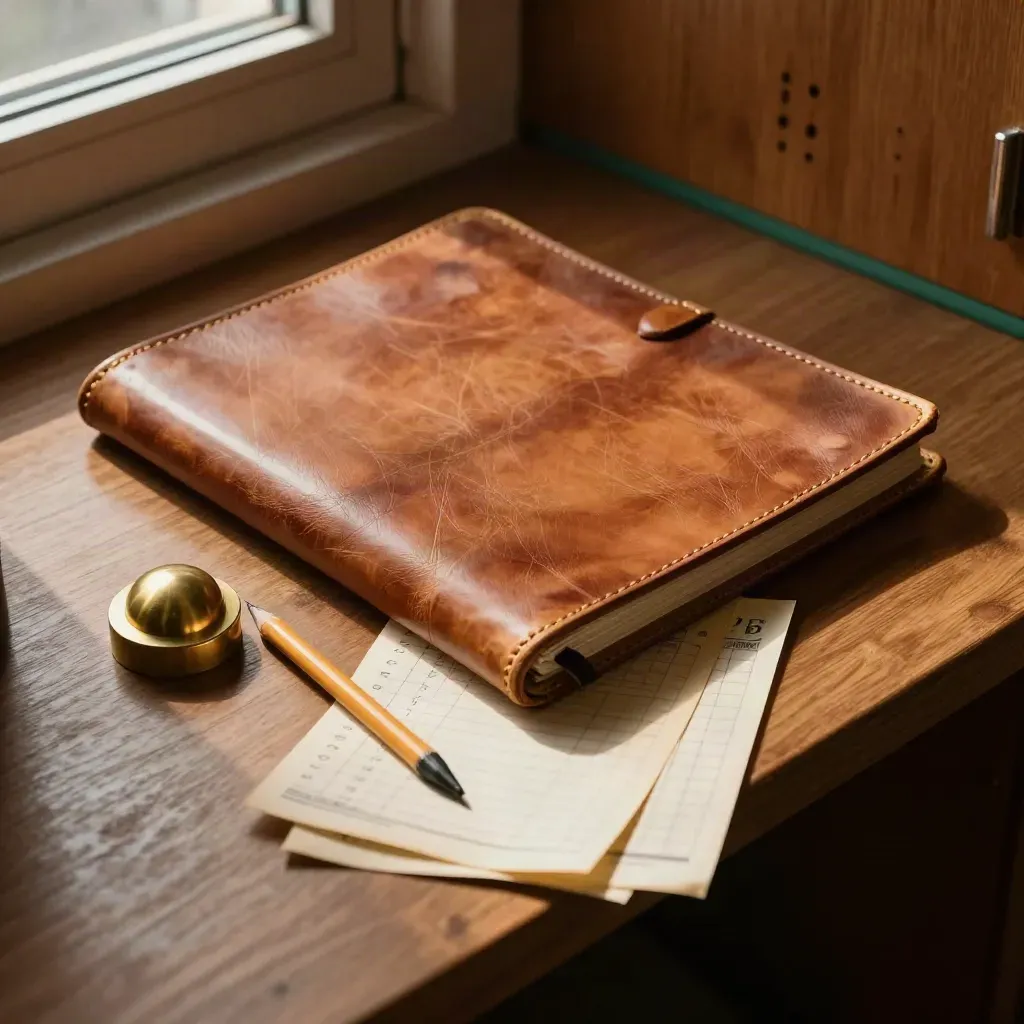 Closed leather scorebook, brass marker, pencil and blurred scorecards in moody window light.