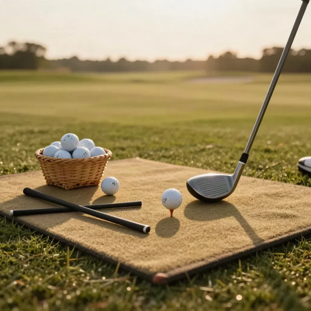 Beginner golf practice setup with club, balls, alignment sticks, and a teed ball at dusk