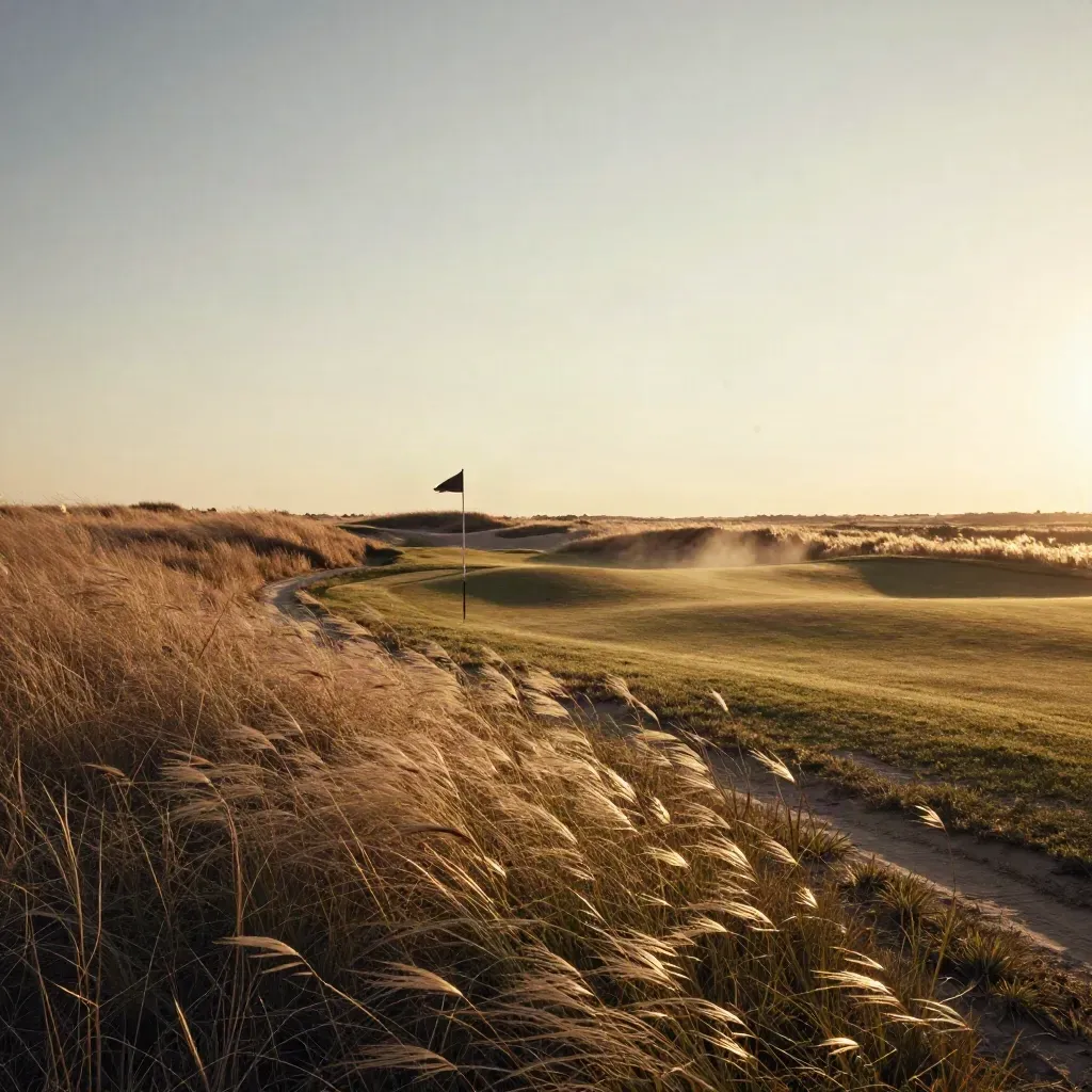 Wind-swept prairie golf fairway with a lone flag and golden light