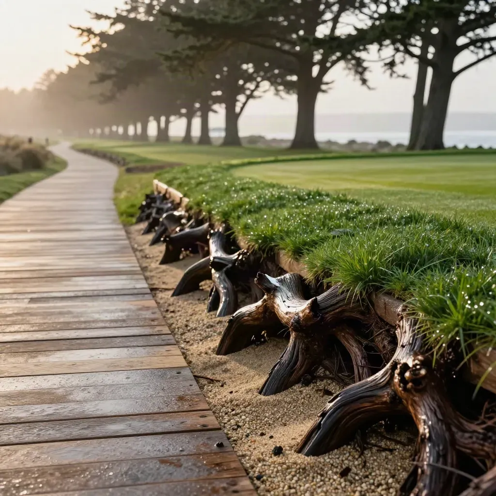 Rainy coastal golf path beside a small green, cedar roots and mist at eye level.
