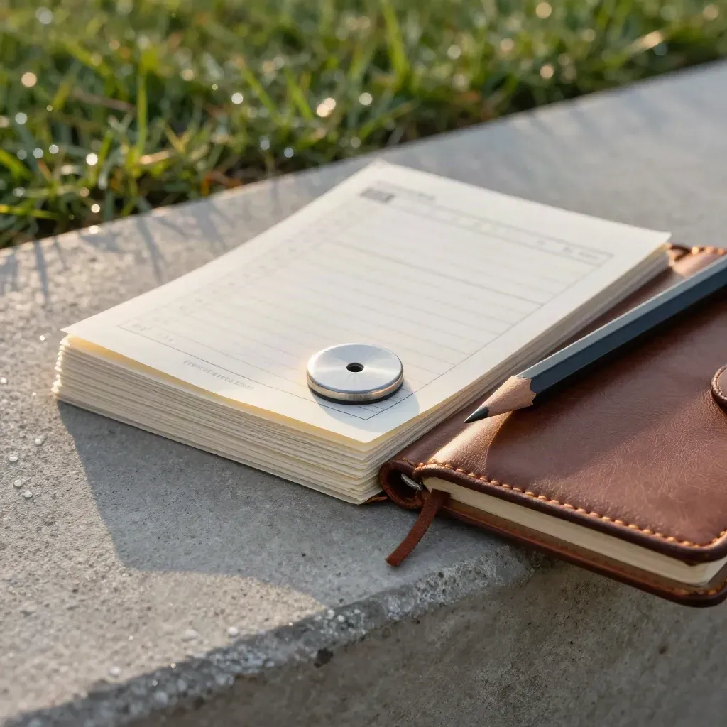 Face-down scorecards, ball marker, pencil and worn leather notebook on a cool concrete ledge.