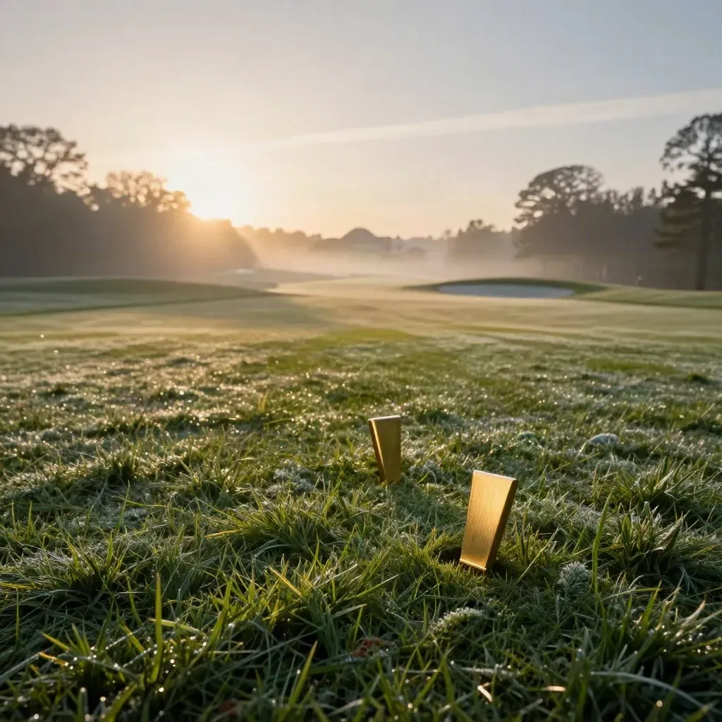 Sunrise tee box with gold tee markers, dew grass, and a faint clubhouse silhouette.