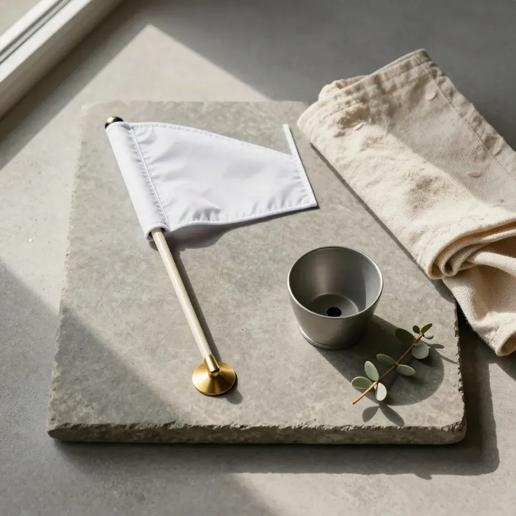 Overhead flatlay of a white golf pin flag, brass marker, cup, linen, and greenery.