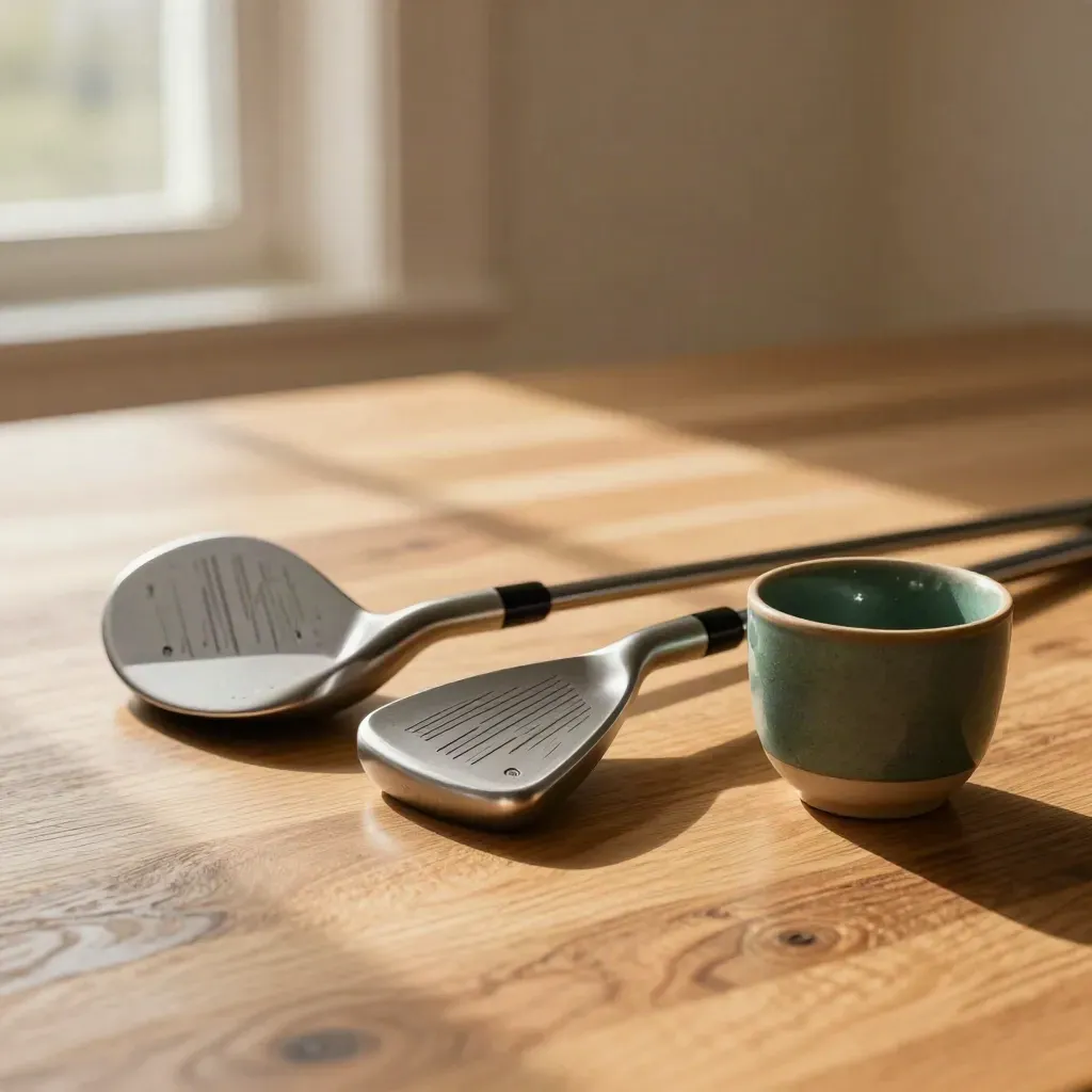 Three golf club heads with headcover and ceramic cup on brushed oak, softly lit
