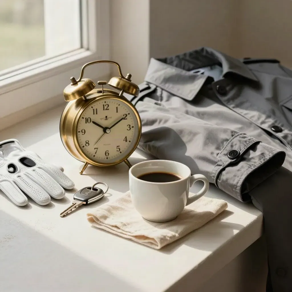 Brass alarm clock, golf glove, key fob, coffee cup and folded windbreaker on linen.