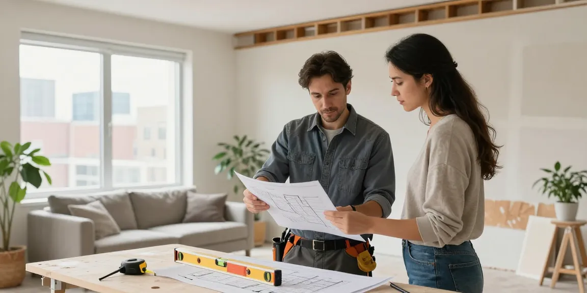 General contractor Toronto discussing renovation plans with homeowner in modern apartment.